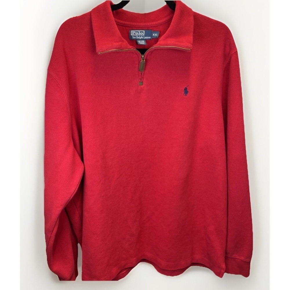 Polo Ralph Lauren‎ Sweater Mens 2XL Red Quarter Zip Pullover Knit blue Pony Logo